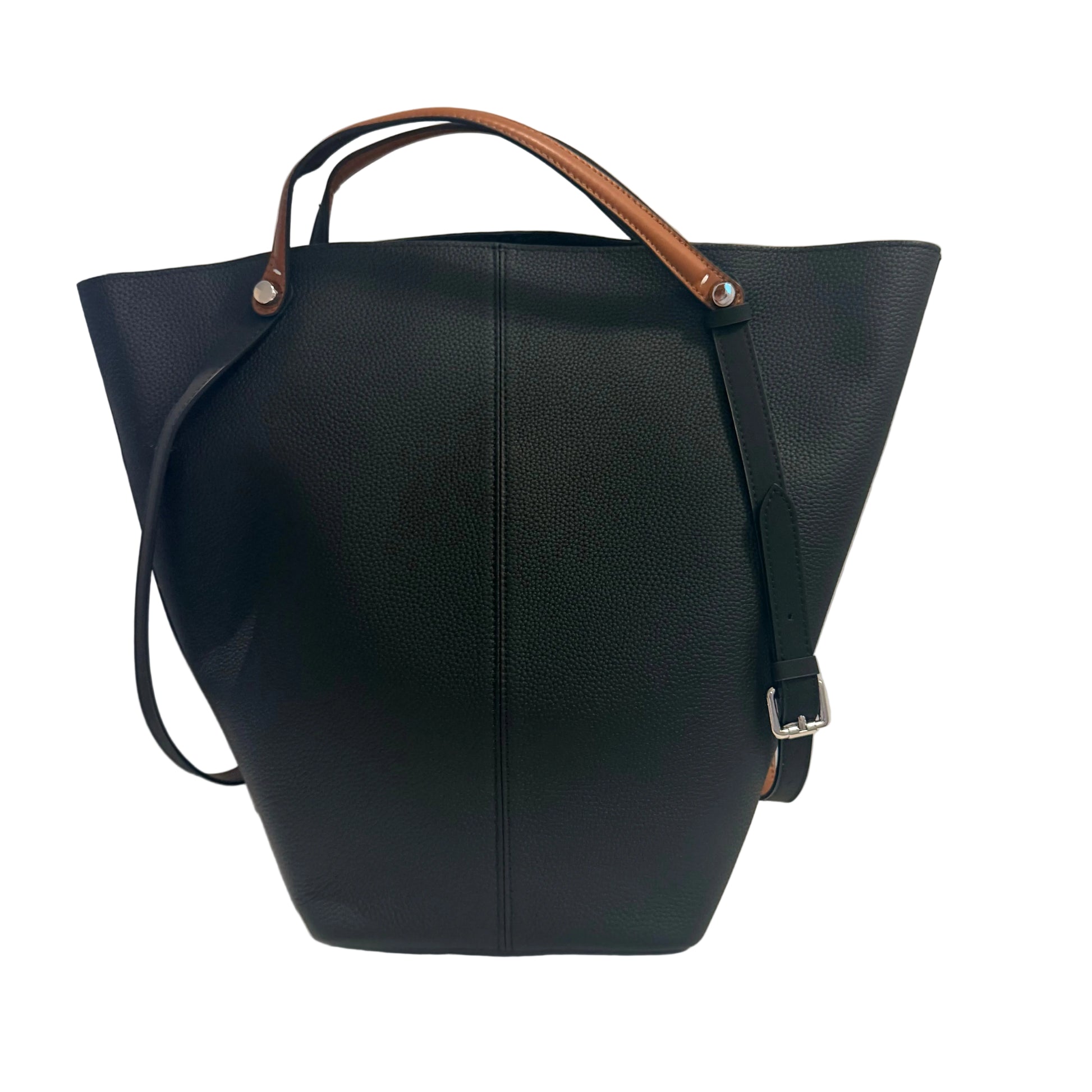 Black leather handbag with brown handle on a light gray background