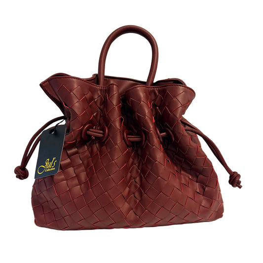 A dark reddish-brown woven leather drawstring bag with top handles, shown on a plain light background with a hanging tag.