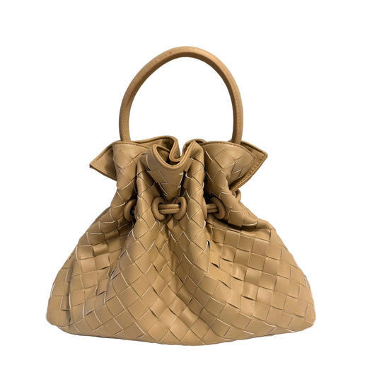 A beige woven leather drawstring handbag with a single top handle, displayed on a white surface against a light gray background.