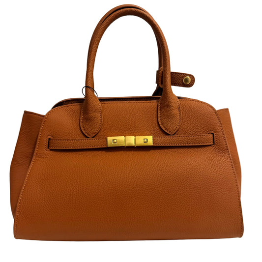 A structured tan leather handbag with double top handles and a gold-tone metal clasp on the front, photographed against a plain light gray background.