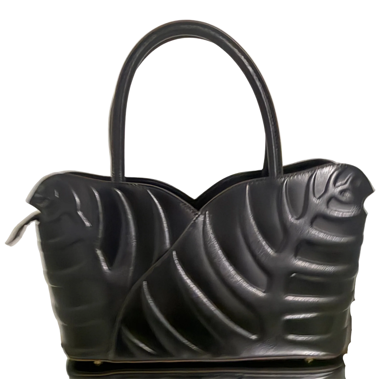 Black textured handbag on a light background