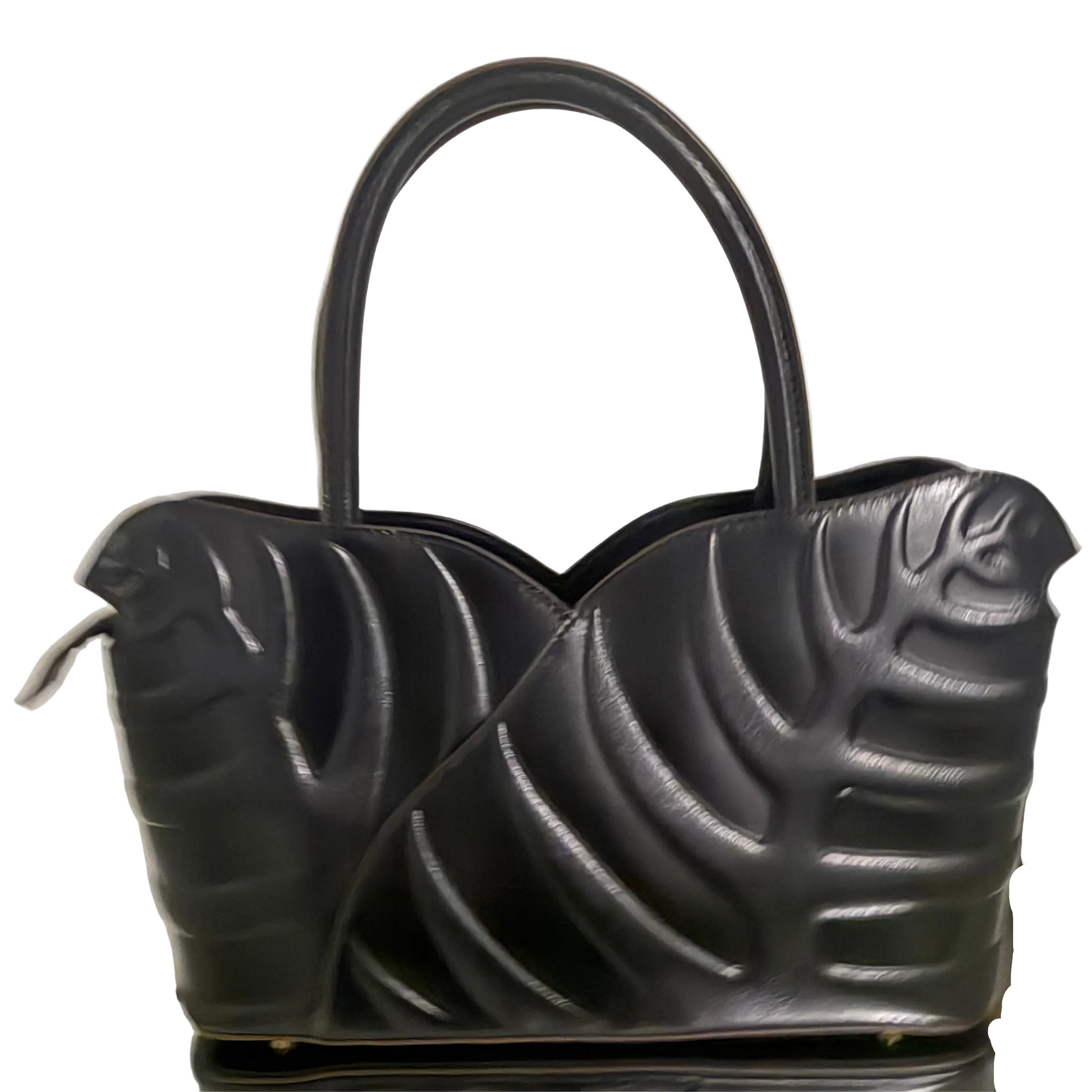 Black textured handbag on a light background