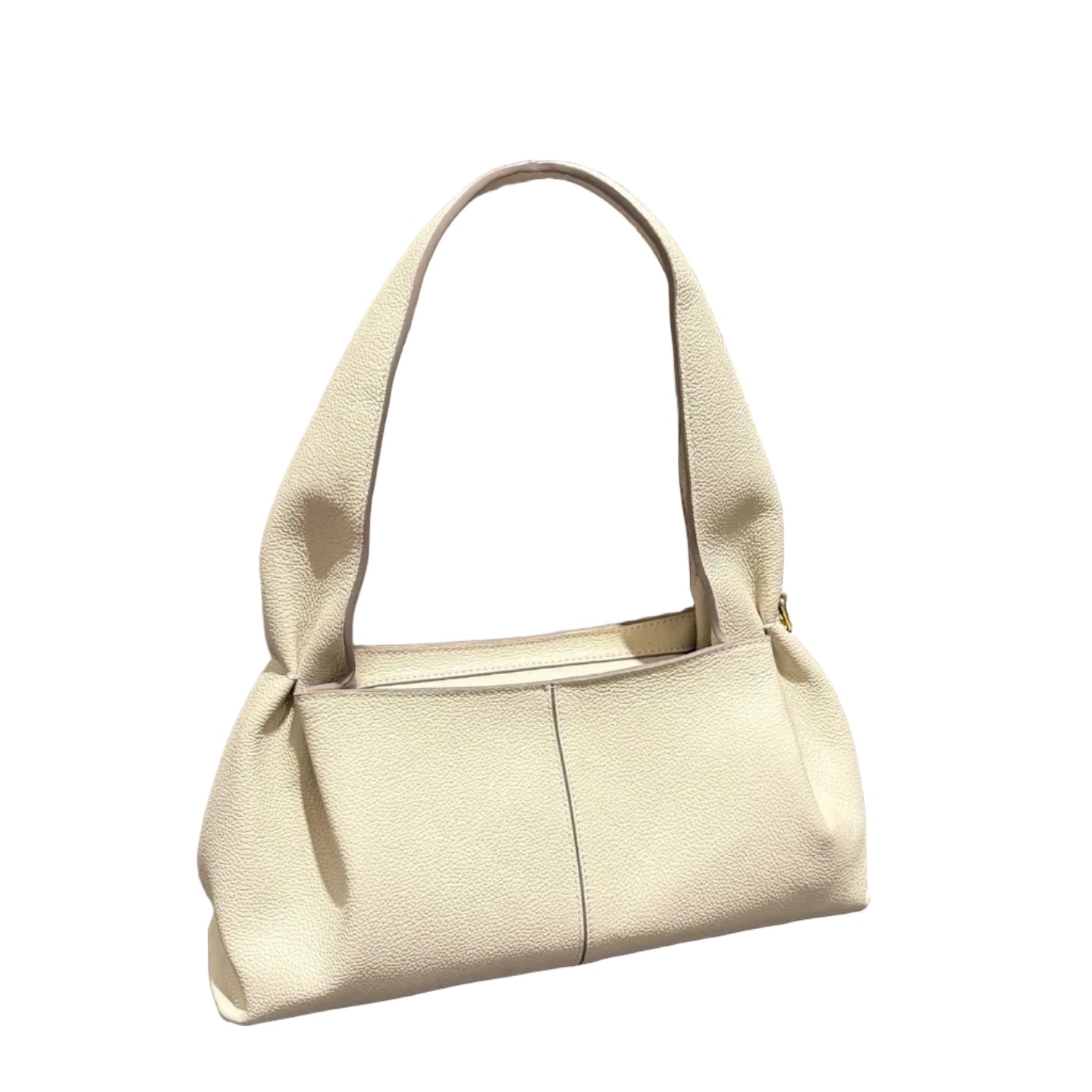 Beige handbag on a marble surface with a neutral background